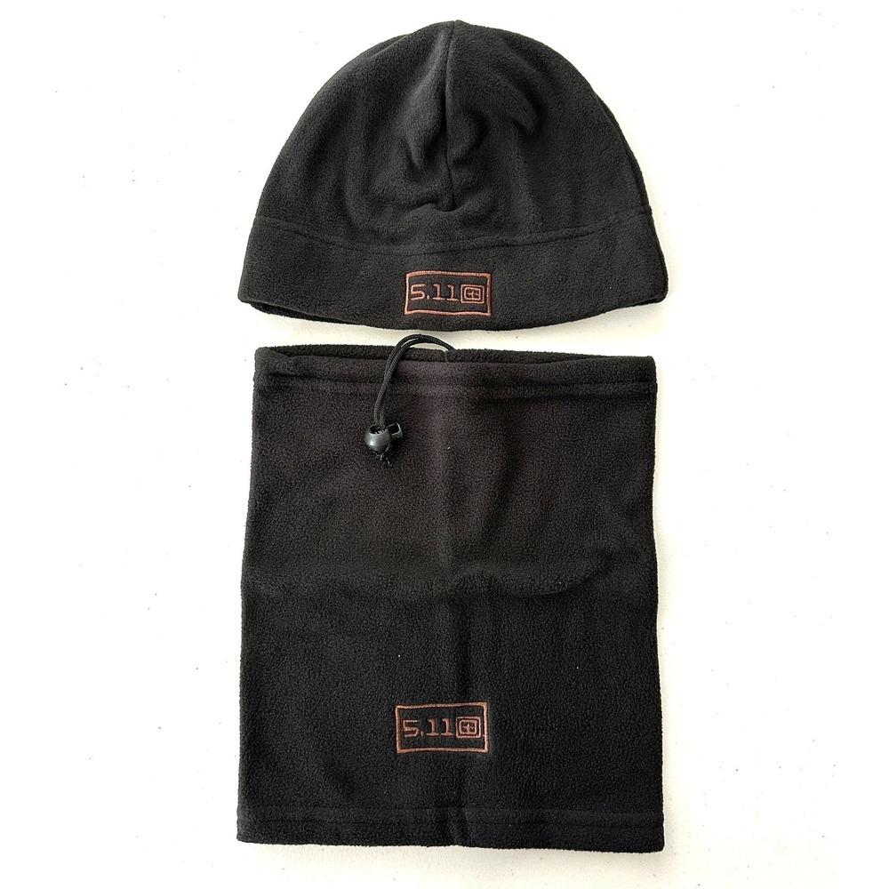 5.11 Tactical Fleece Beanie and Neck Gaiter Set Black Embroidered Logo One Size